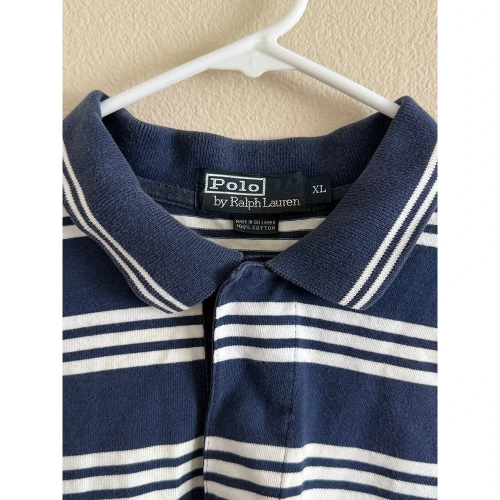 Polo Ralph Lauren Mens XL Navy Blue White Striped Short Sleeve Cotton Polo Shirt